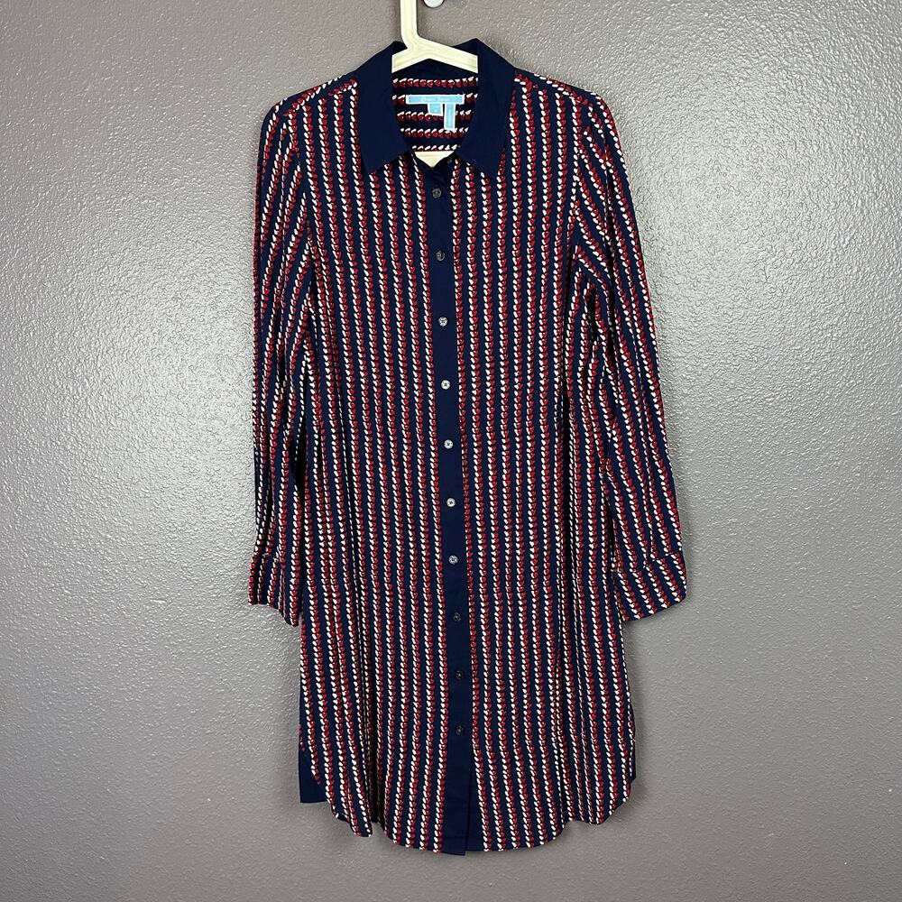 Draper James Heart Field Printed Shirt Dress Size 6 Navy Blue Red